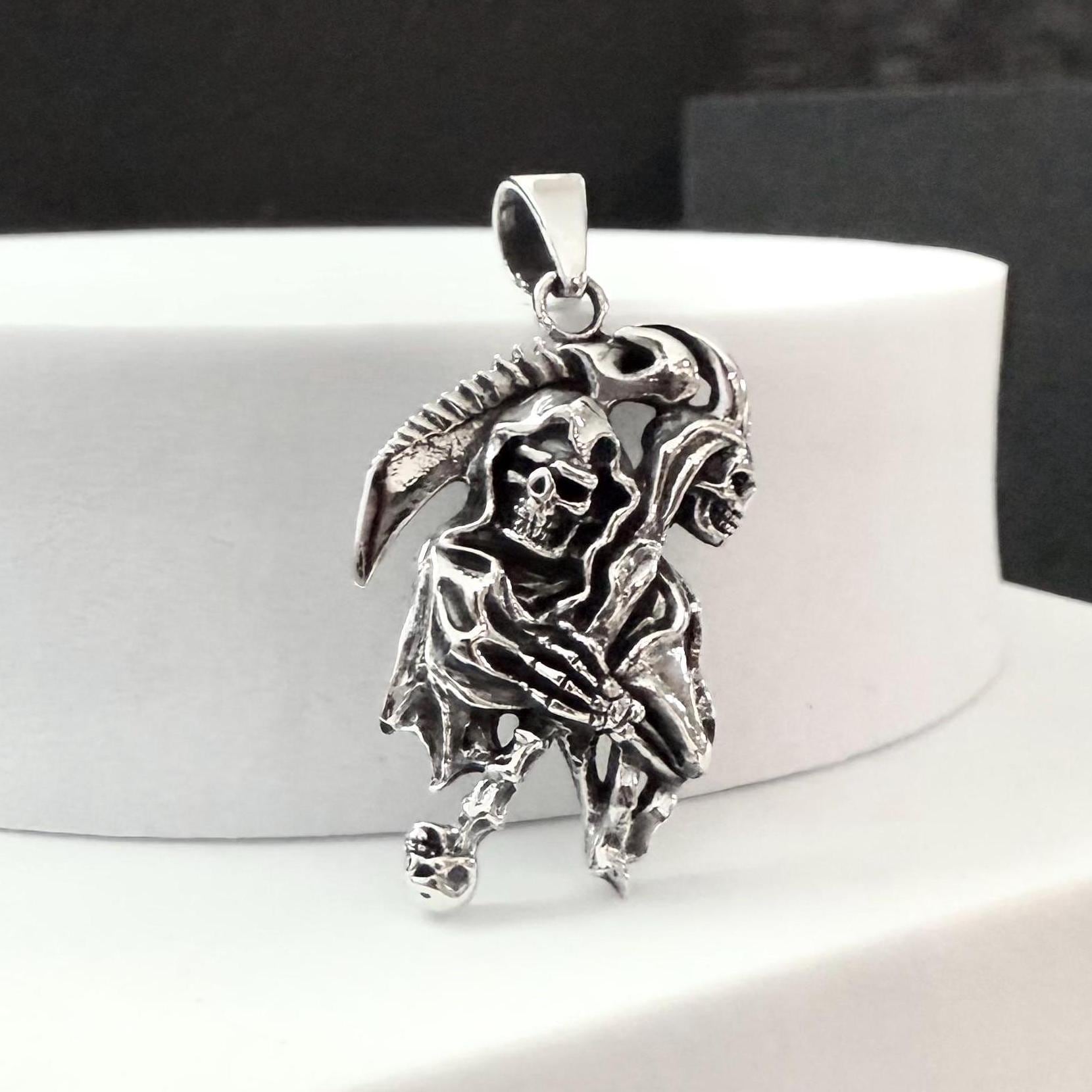 Handcrafted 925 Sterling Silver Grim Reaper Pendant God of Death Gothic Skull Pendant/Necklace Silver Jewelry Accessories Gift by VINTZ