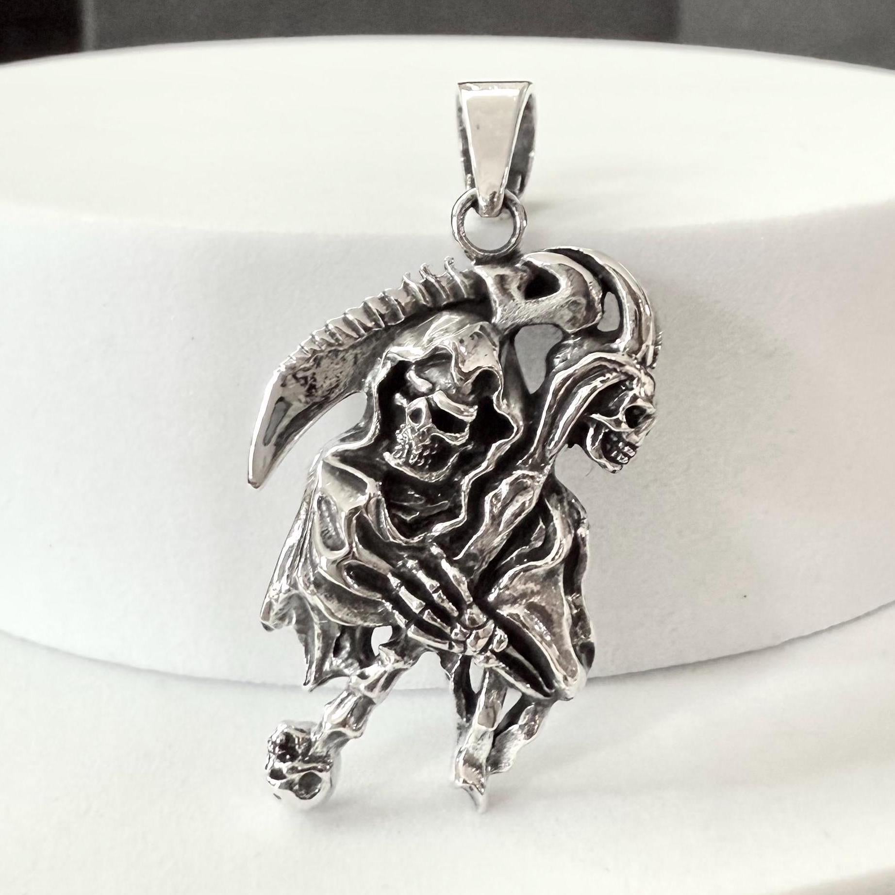 Handcrafted 925 Sterling Silver Grim Reaper Pendant God of Death Gothic Skull Pendant/Necklace Silver Jewelry Accessories Gift by VINTZ