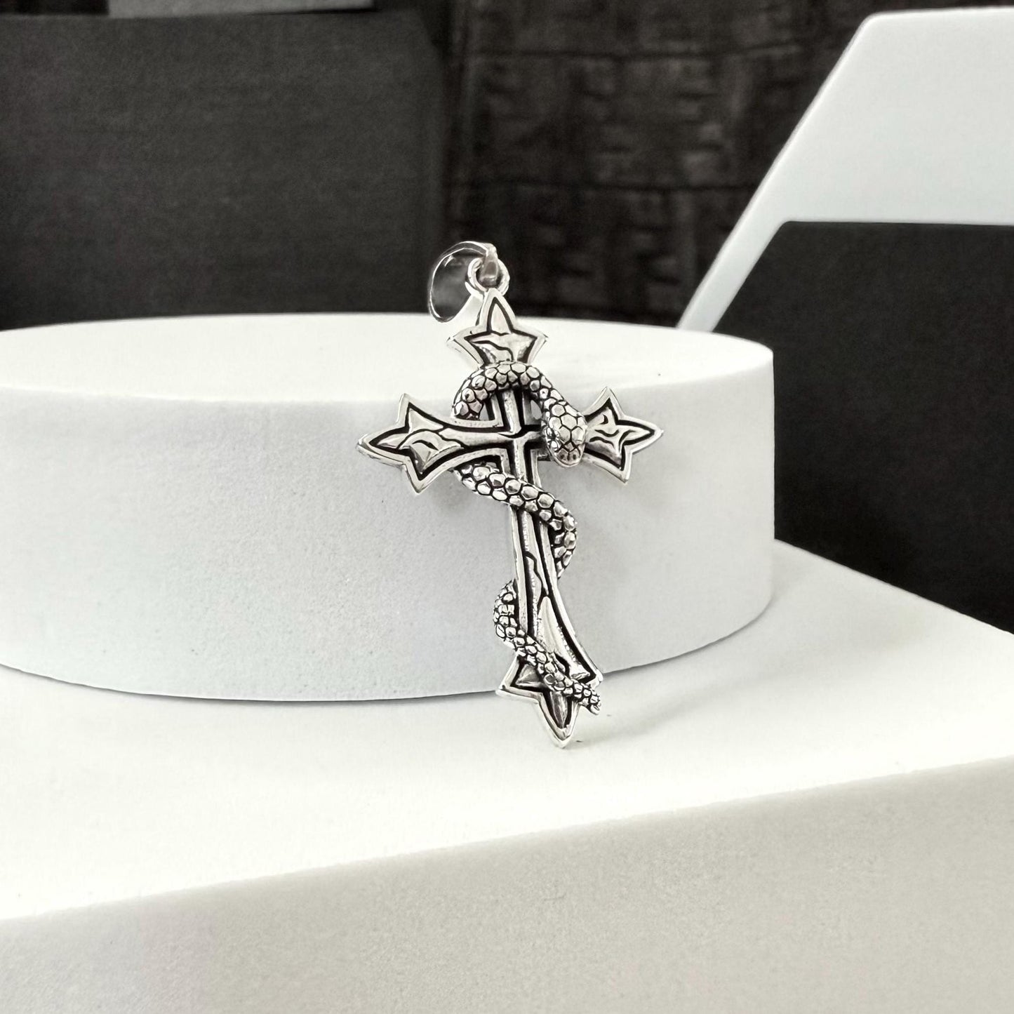 Handcrafted 925 Sterling Silver Cross Pendant Christian God Jesus Christ Crucifix Snake Pendant/Necklace Jewelry Accessories Gift by VINTZ
