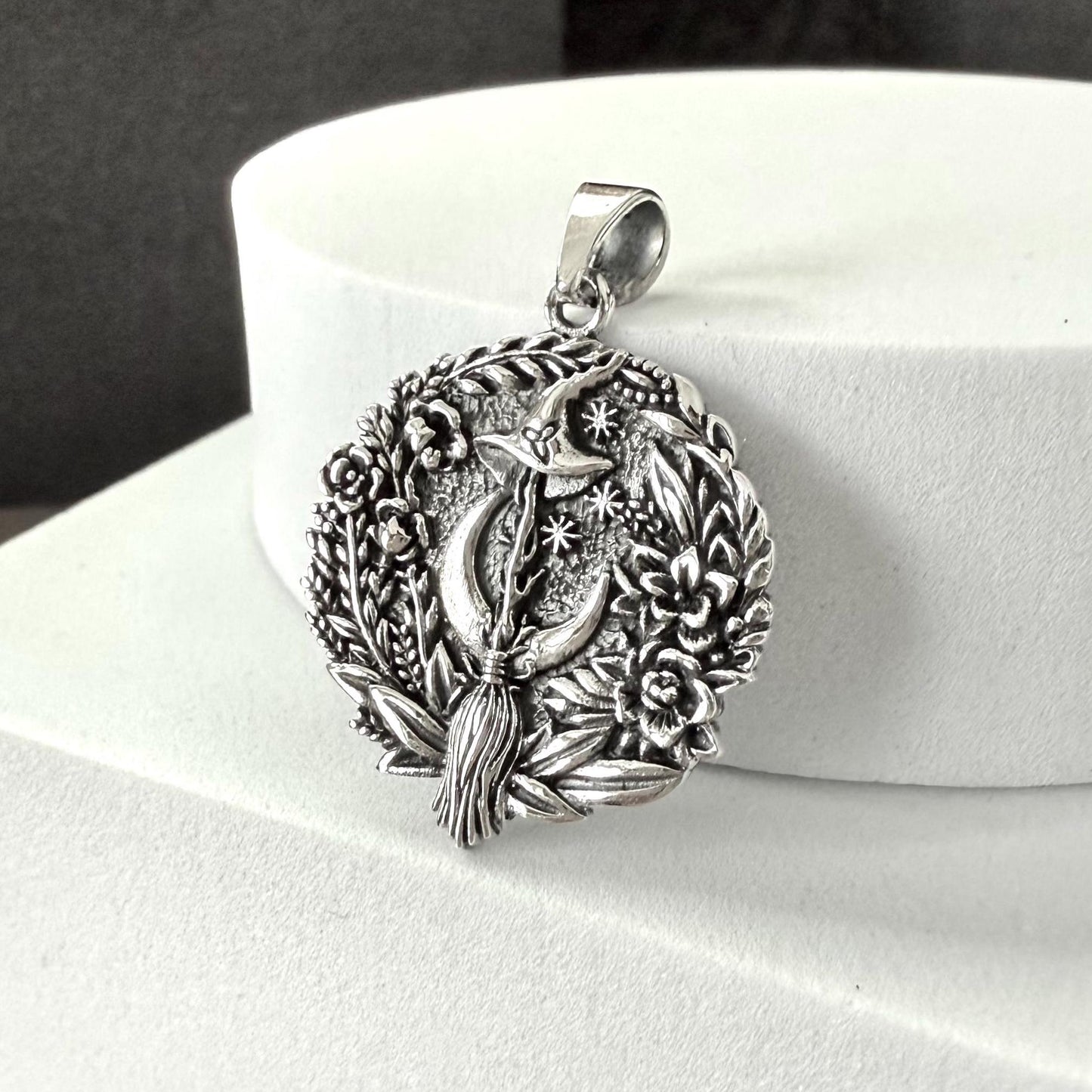 Handcrafted 925 Sterling Silver Crescent Moon Pendant Celtic Moon Luna Witch Broom Pendant/Necklace Silver Jewelry Accessories Gift by VINTZ