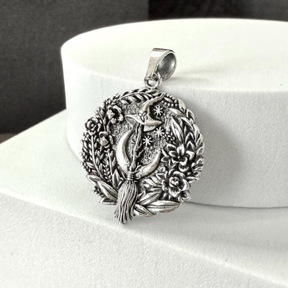 Handcrafted 925 Sterling Silver Crescent Moon Pendant Celtic Moon Luna Witch Broom Pendant/Necklace Silver Jewelry Accessories Gift by VINTZ