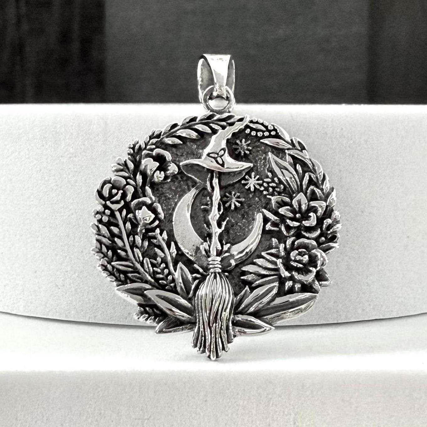 Handcrafted 925 Sterling Silver Crescent Moon Pendant Celtic Moon Luna Witch Broom Pendant/Necklace Silver Jewelry Accessories Gift by VINTZ