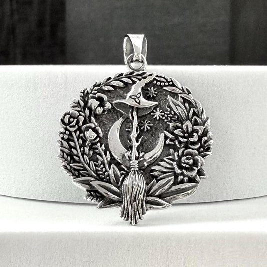 Handcrafted 925 Sterling Silver Crescent Moon Pendant Celtic Moon Luna Witch Broom Pendant/Necklace Silver Jewelry Accessories Gift by VINTZ