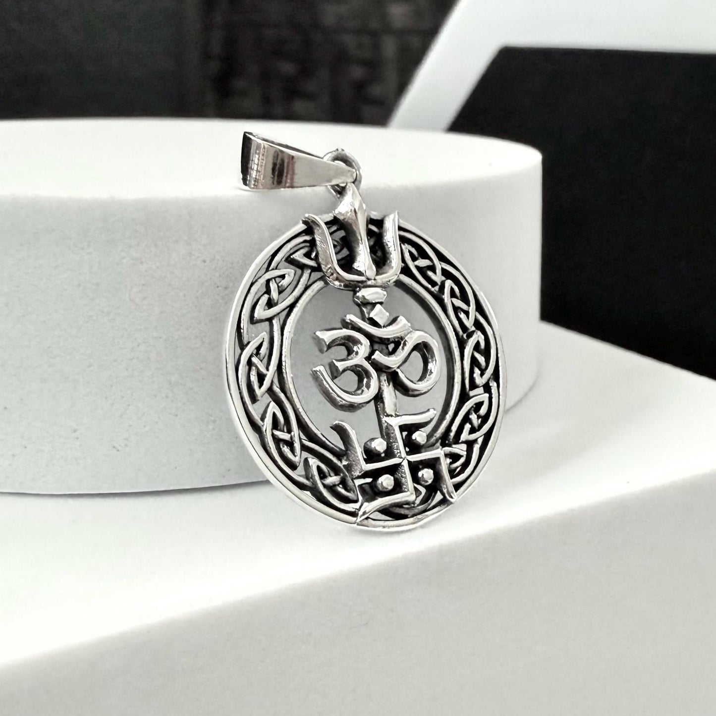 Handcrafted 925 Sterling Silver Ohm/Om Pendant Buddhism Hindi Yoga Talisman Swastika Pendant/Necklace Silver Jewelry Accessory Gift by VINTZ