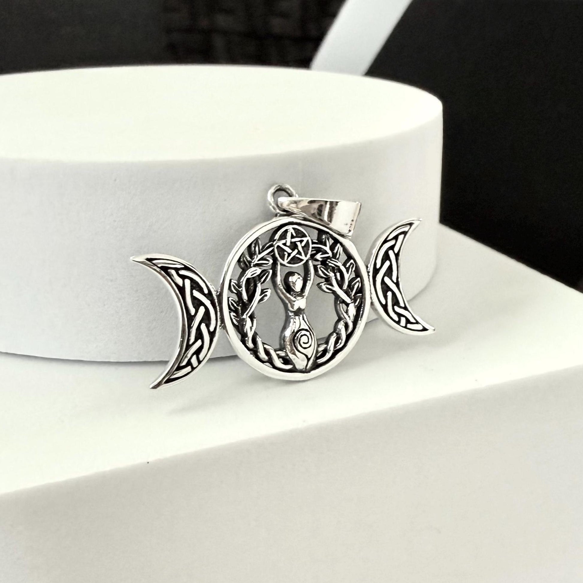 Handcrafted 925 Sterling Silver Triple Moon Goddess Pendant Luna Deities Crescent Moon Wiccan Pendant/Necklace Silver Jewelry Gift by VINTZ
