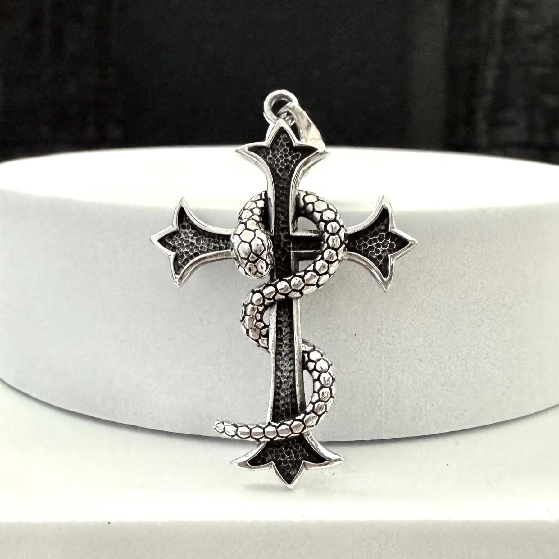 Handcrafted 925 Sterling Silver Cross Pendant Christian God Jesus Christ Crucifix Snake Pendant/Necklace Jewelry Accessories Gift by VINTZ