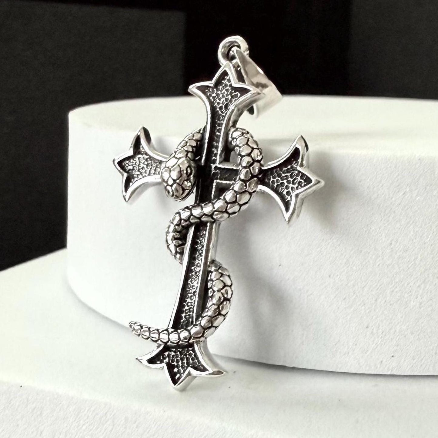 Handcrafted 925 Sterling Silver Cross Pendant Christian God Jesus Christ Crucifix Snake Pendant/Necklace Jewelry Accessories Gift by VINTZ
