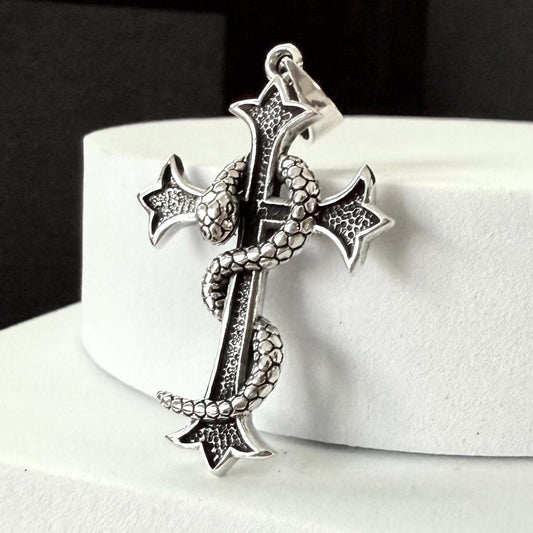 Handcrafted 925 Sterling Silver Cross Pendant Christian God Jesus Christ Crucifix Snake Pendant/Necklace Jewelry Accessories Gift by VINTZ