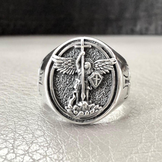 Handcrafted 925 Sterling Silver Saint Archangel Michael Ring Apostle of Jesus Christ Patron Saint Amulet Ring Silver Accessories by VINTZ
