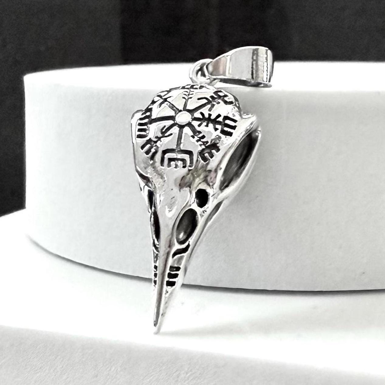 Handcrafted 925 Sterling Silver Raven Skull Pendant Viking Vegvisir Odin's Raven Bird Pendant/Necklace Jewelry Accessories Gift by VINTZ