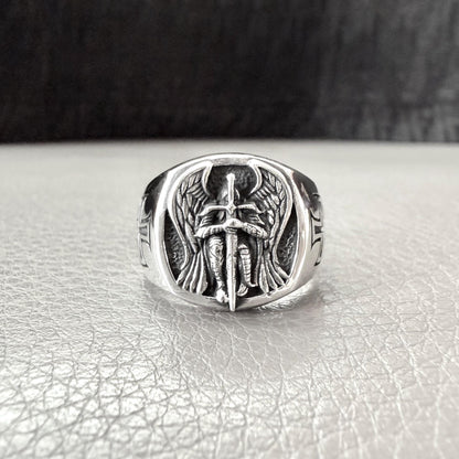 Handcrafted 925 Sterling Silver Archangel Ring Saint Michael Guardian Angel Christian Knight Amulet Ring Silver Jewelry Accessories by VINTZ