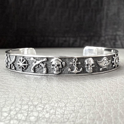 Handcrafted 925 Sterling Silver Pirate Skull Bracelet Punk Skull Gothic Biker Skeleton Bracelet Silver Jewelry Accessories Gift by VINTZ