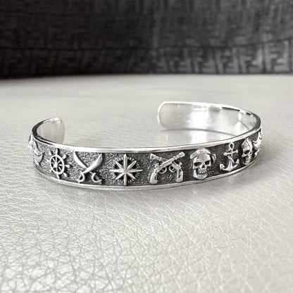 Handcrafted 925 Sterling Silver Pirate Skull Bracelet Punk Skull Gothic Biker Skeleton Bracelet Silver Jewelry Accessories Gift by VINTZ