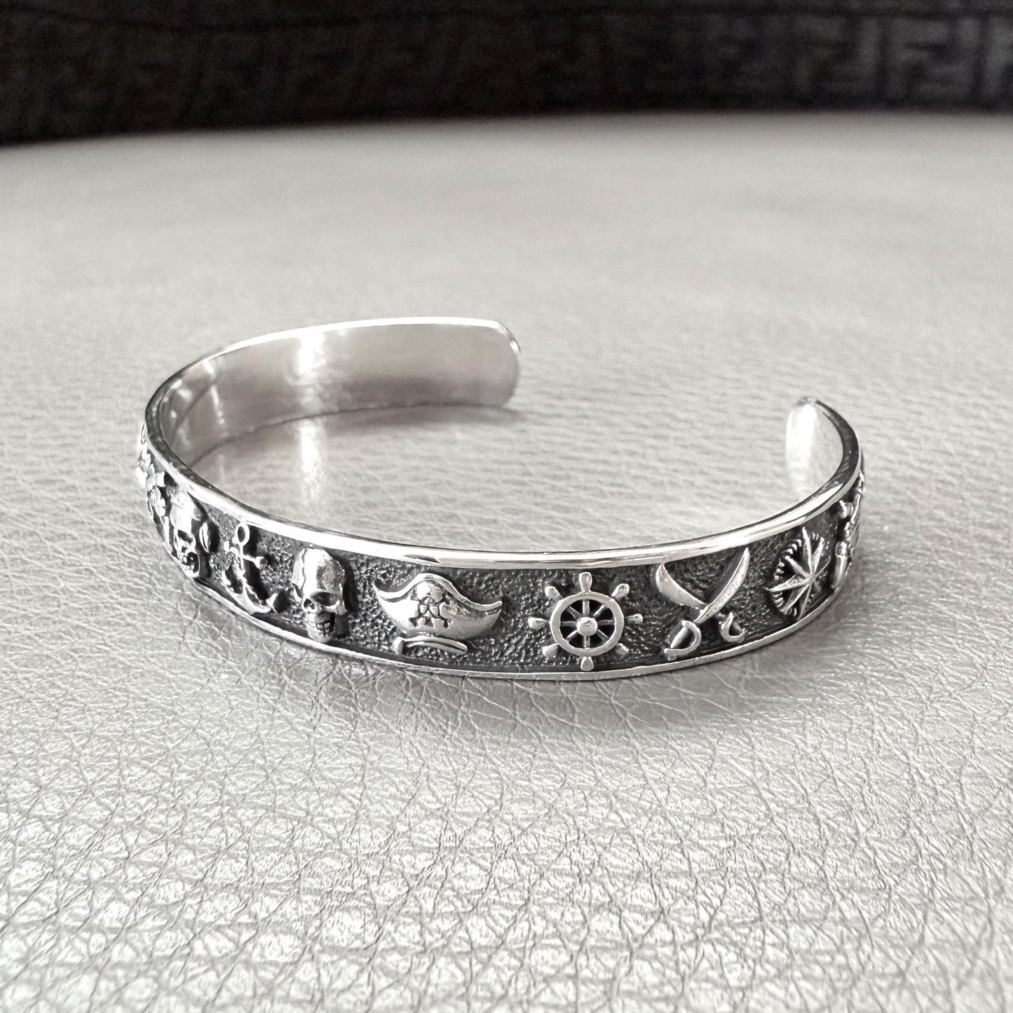 Handcrafted 925 Sterling Silver Pirate Skull Bracelet Punk Skull Gothic Biker Skeleton Bracelet Silver Jewelry Accessories Gift by VINTZ