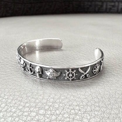 Handcrafted 925 Sterling Silver Pirate Skull Bracelet Punk Skull Gothic Biker Skeleton Bracelet Silver Jewelry Accessories Gift by VINTZ