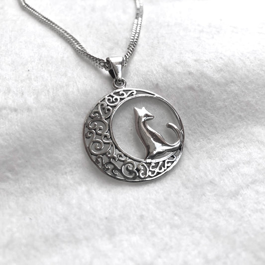Cat & Crescent Moon Pendant/Necklace