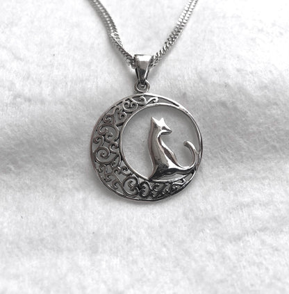 Cat & Crescent Moon Pendant/Necklace