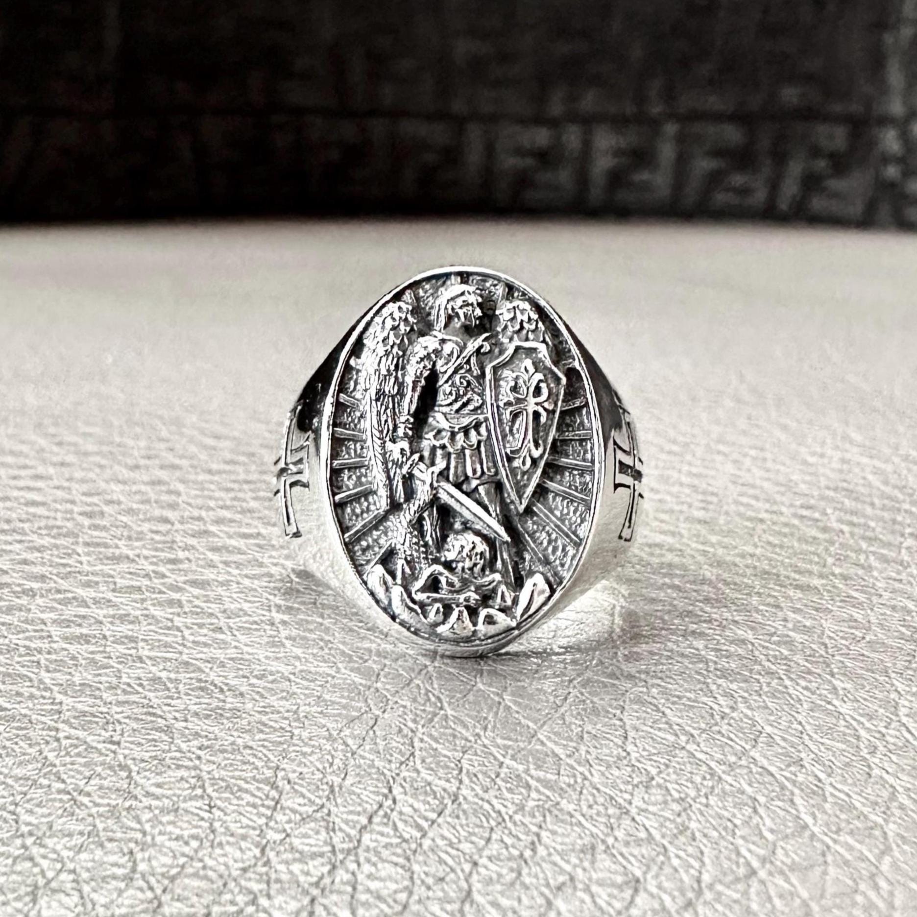 Handcrafted 925 Sterling Silver Archangel Ring Saint Michael Guardian Angel Christian Knight Ring Silver Jewelry Accessories Gift by VINTZ
