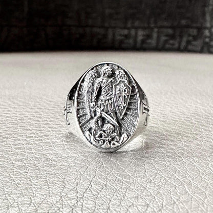 Handcrafted 925 Sterling Silver Archangel Ring Saint Michael Guardian Angel Christian Knight Ring Silver Jewelry Accessories Gift by VINTZ