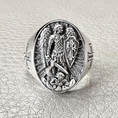 Handcrafted 925 Sterling Silver Archangel Ring Saint Michael Guardian Angel Christian Knight Ring Silver Jewelry Accessories Gift by VINTZ