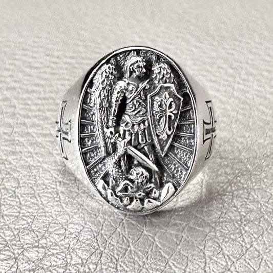 Handcrafted 925 Sterling Silver Archangel Ring Saint Michael Guardian Angel Christian Knight Ring Silver Jewelry Accessories Gift by VINTZ