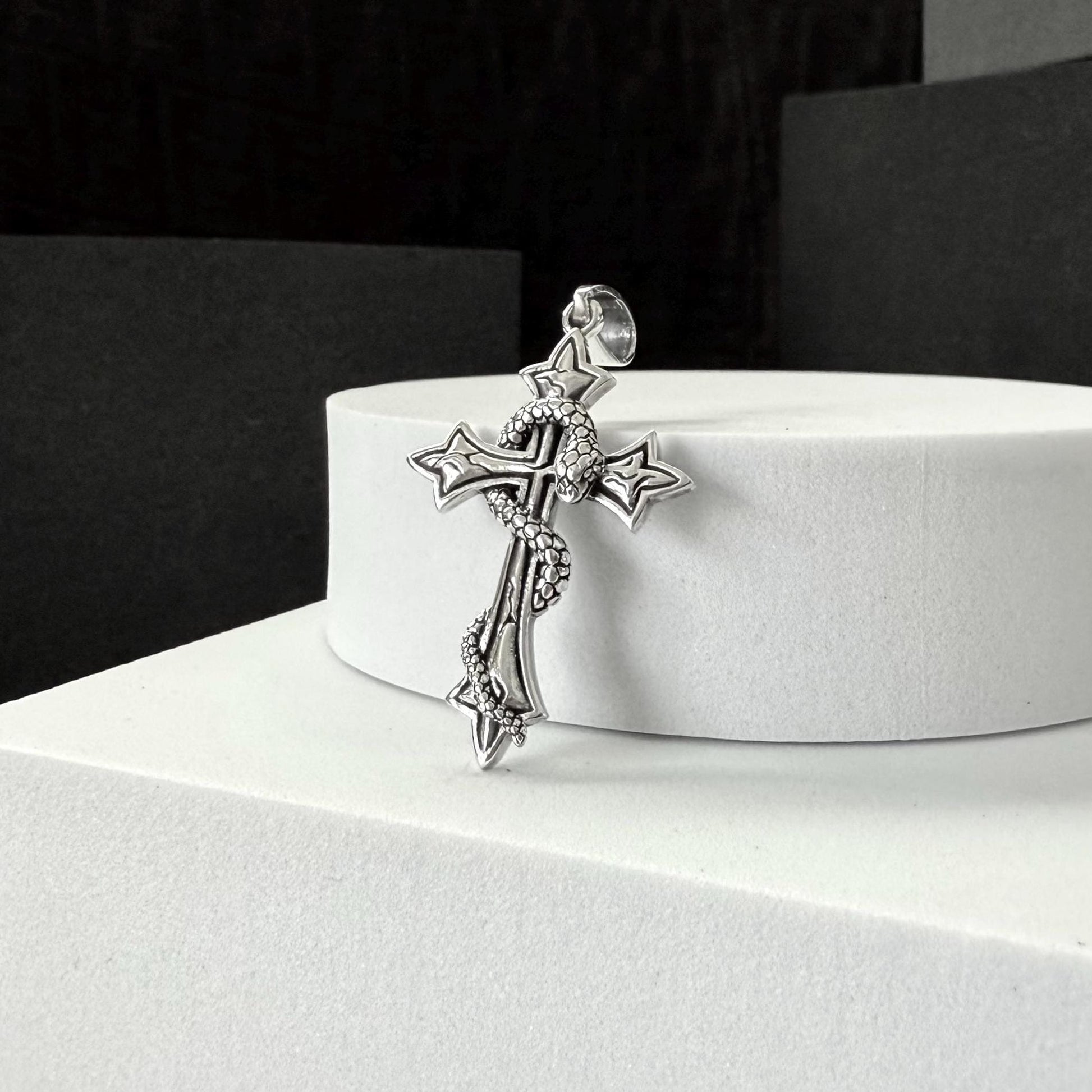 Handcrafted 925 Sterling Silver Cross Pendant Christian God Jesus Christ Crucifix Snake Pendant/Necklace Jewelry Accessories Gift by VINTZ