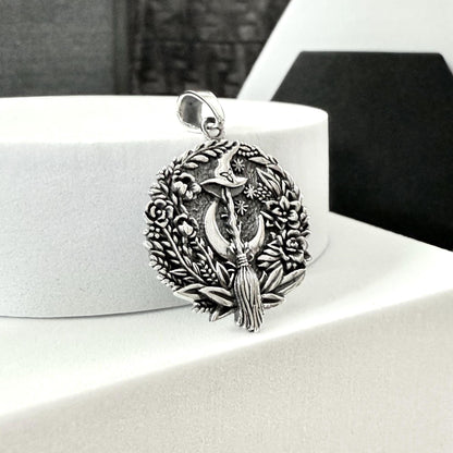 Handcrafted 925 Sterling Silver Crescent Moon Pendant Celtic Moon Luna Witch Broom Pendant/Necklace Silver Jewelry Accessories Gift by VINTZ