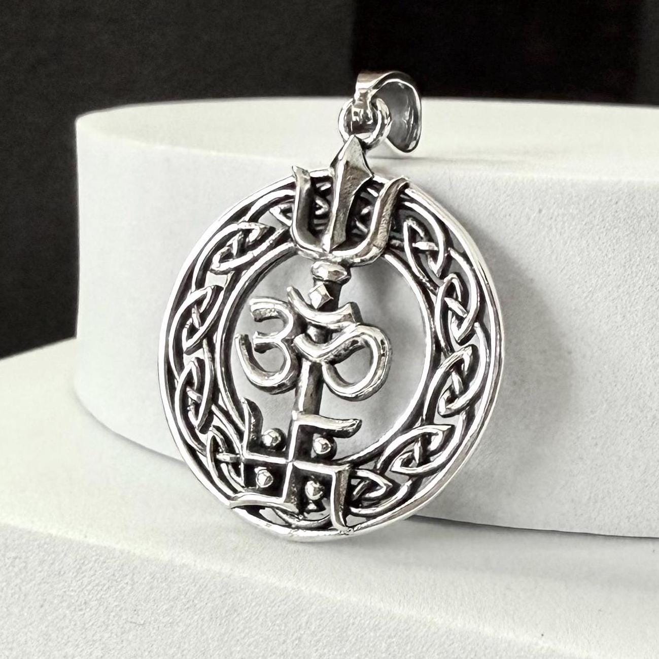 Handcrafted 925 Sterling Silver Ohm/Om Pendant Buddhism Hindi Yoga Talisman Swastika Pendant/Necklace Silver Jewelry Accessory Gift by VINTZ