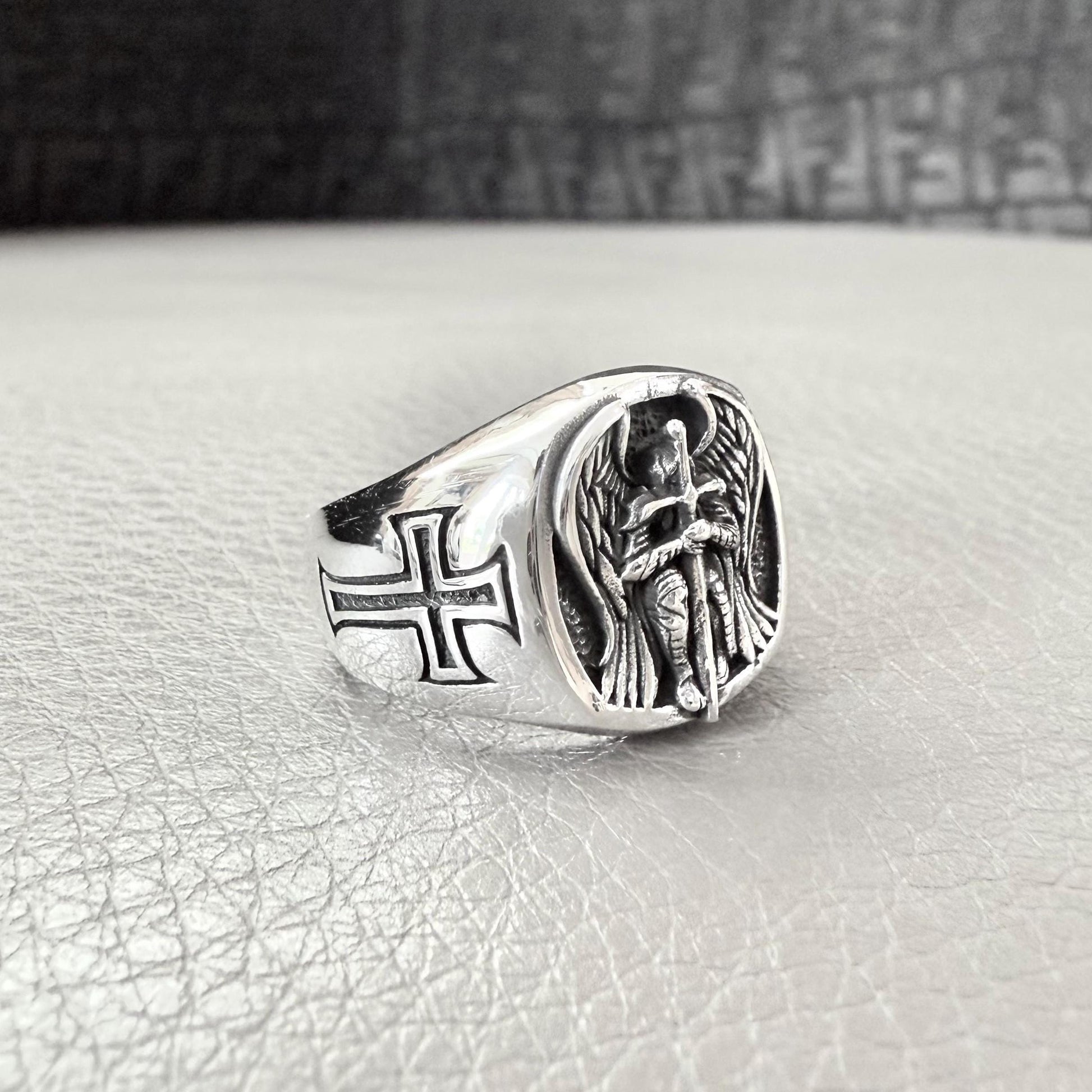 Handcrafted 925 Sterling Silver Archangel Ring Saint Michael Guardian Angel Christian Knight Amulet Ring Silver Jewelry Accessories by VINTZ