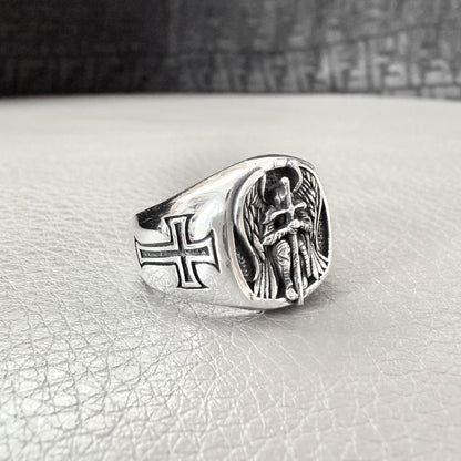 Handcrafted 925 Sterling Silver Archangel Ring Saint Michael Guardian Angel Christian Knight Amulet Ring Silver Jewelry Accessories by VINTZ