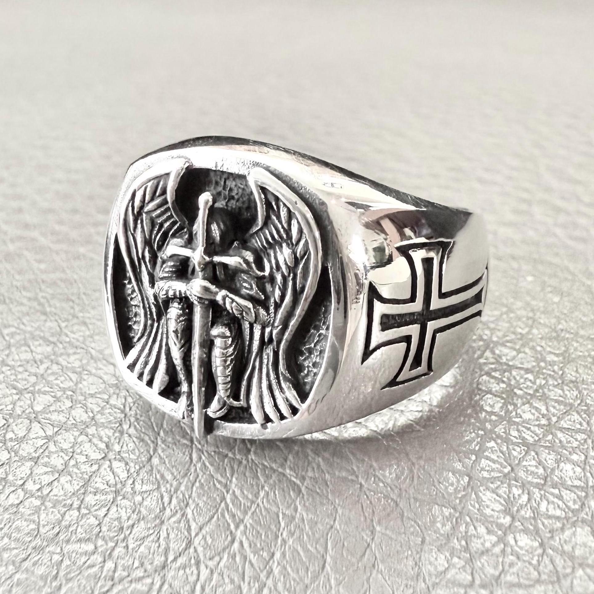 Handcrafted 925 Sterling Silver Archangel Ring Saint Michael Guardian Angel Christian Knight Amulet Ring Silver Jewelry Accessories by VINTZ