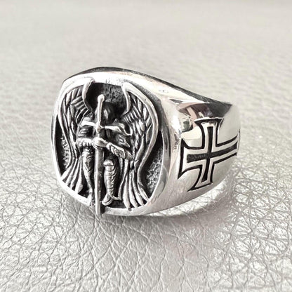 Handcrafted 925 Sterling Silver Archangel Ring Saint Michael Guardian Angel Christian Knight Amulet Ring Silver Jewelry Accessories by VINTZ