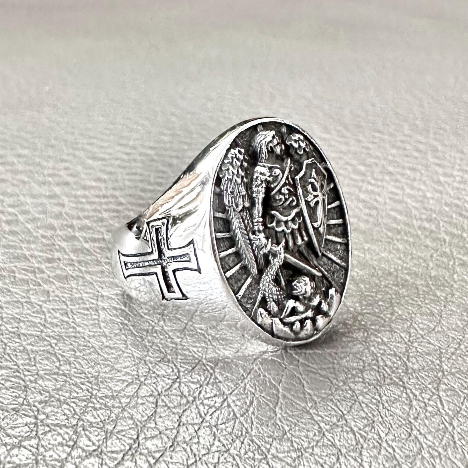 Handcrafted 925 Sterling Silver Archangel Ring Saint Michael Guardian Angel Christian Knight Ring Silver Jewelry Accessories Gift by VINTZ