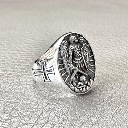 Handcrafted 925 Sterling Silver Archangel Ring Saint Michael Guardian Angel Christian Knight Ring Silver Jewelry Accessories Gift by VINTZ