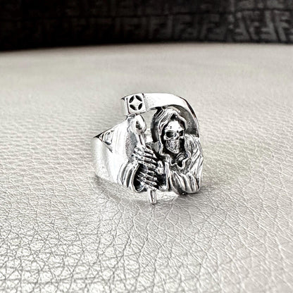 Handcrafted 925 Sterling Silver Grim Reaper Ring God of Death Gothic Skull Ring Silver Fashion Jewelry Accessories Gift by VINTZ