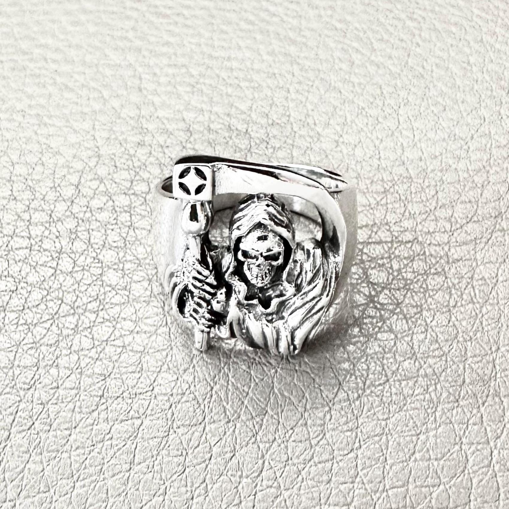 Handcrafted 925 Sterling Silver Grim Reaper Ring God of Death Gothic Skull Ring Silver Fashion Jewelry Accessories Gift by VINTZ