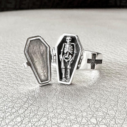 Skeleton Punk Gothic Coffin Locket Ring
