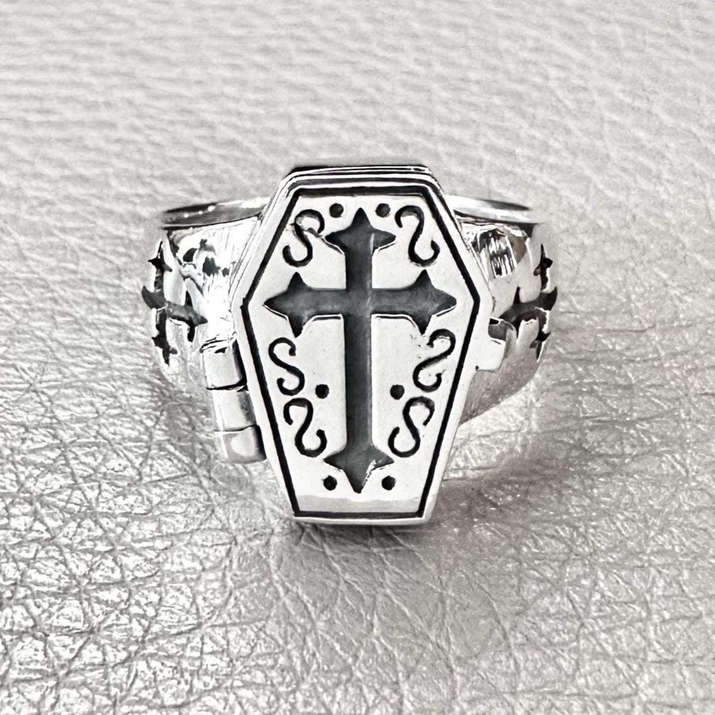 Jesus Cross Gothic Skeleton Coffin Locket Ring
