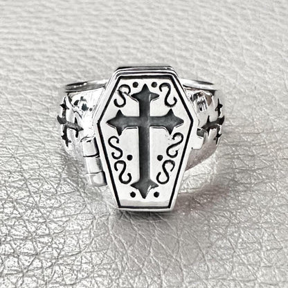 Jesus Cross Gothic Skeleton Coffin Locket Ring