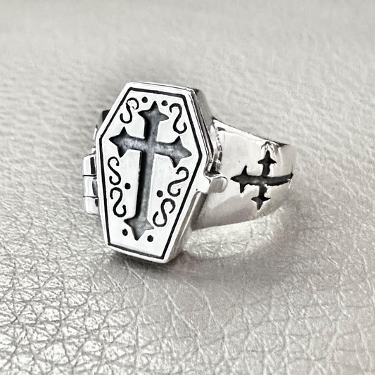 Jesus Cross Gothic Skeleton Coffin Locket Ring