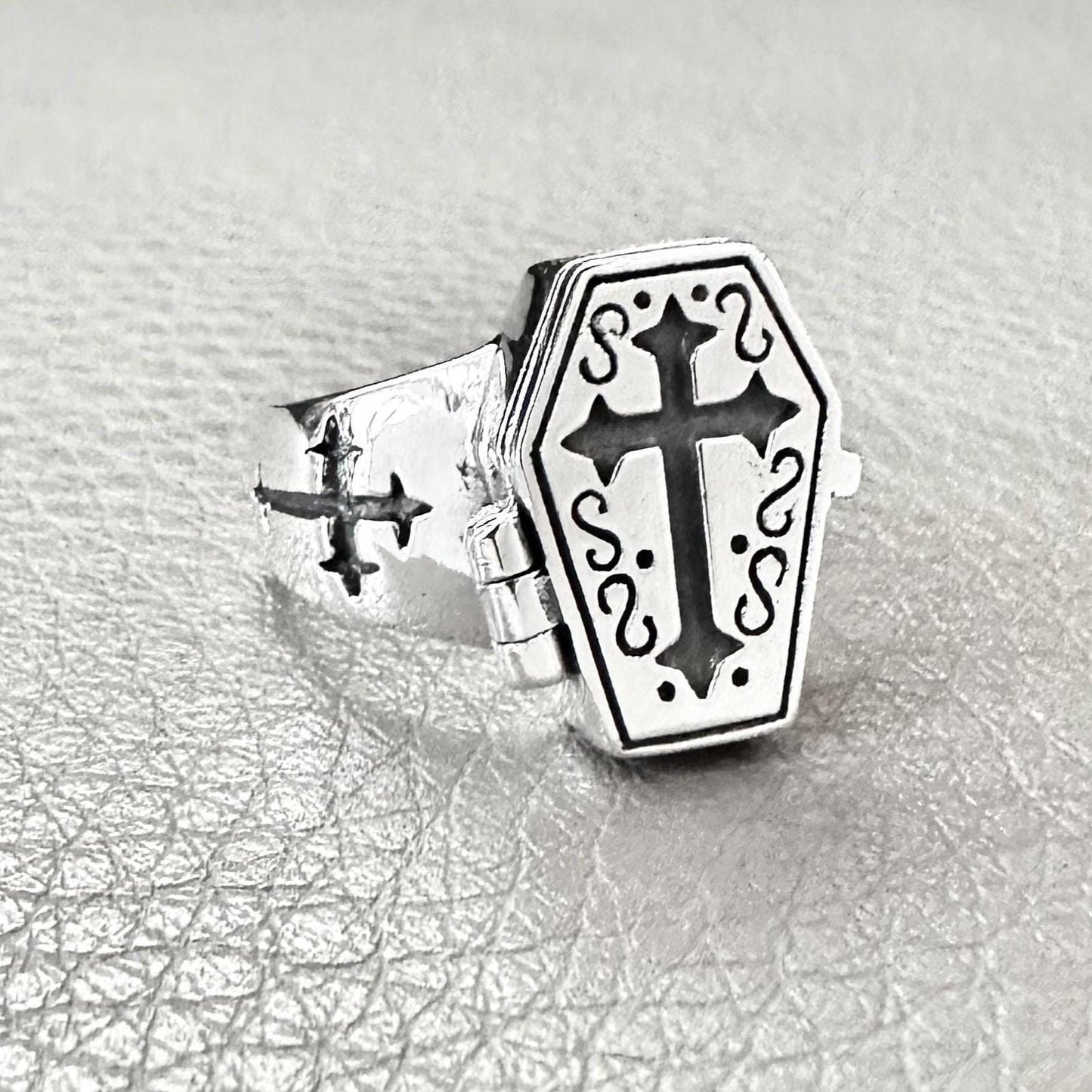 Jesus Cross Gothic Skeleton Coffin Locket Ring