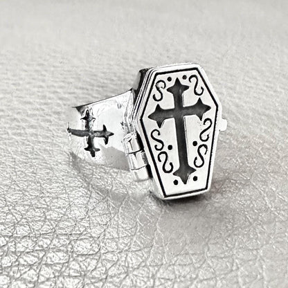 Jesus Cross Gothic Skeleton Coffin Locket Ring