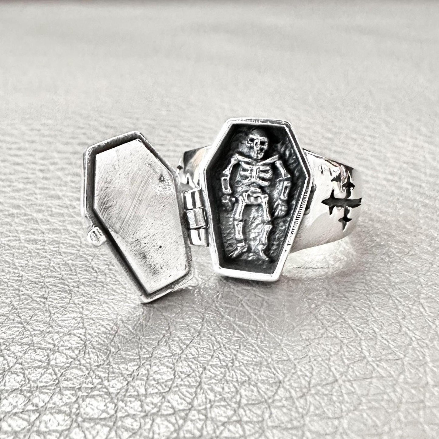 Jesus Cross Gothic Skeleton Coffin Locket Ring