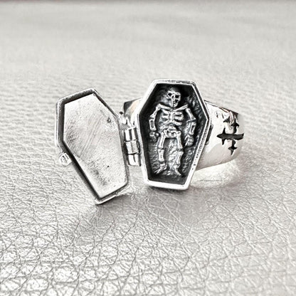 Jesus Cross Gothic Skeleton Coffin Locket Ring