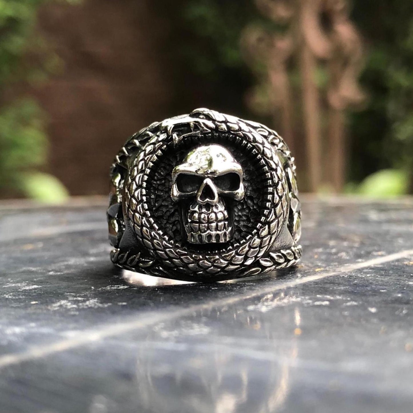 Skull Punk Biker Skeleton Ouroboros Snake Ring
