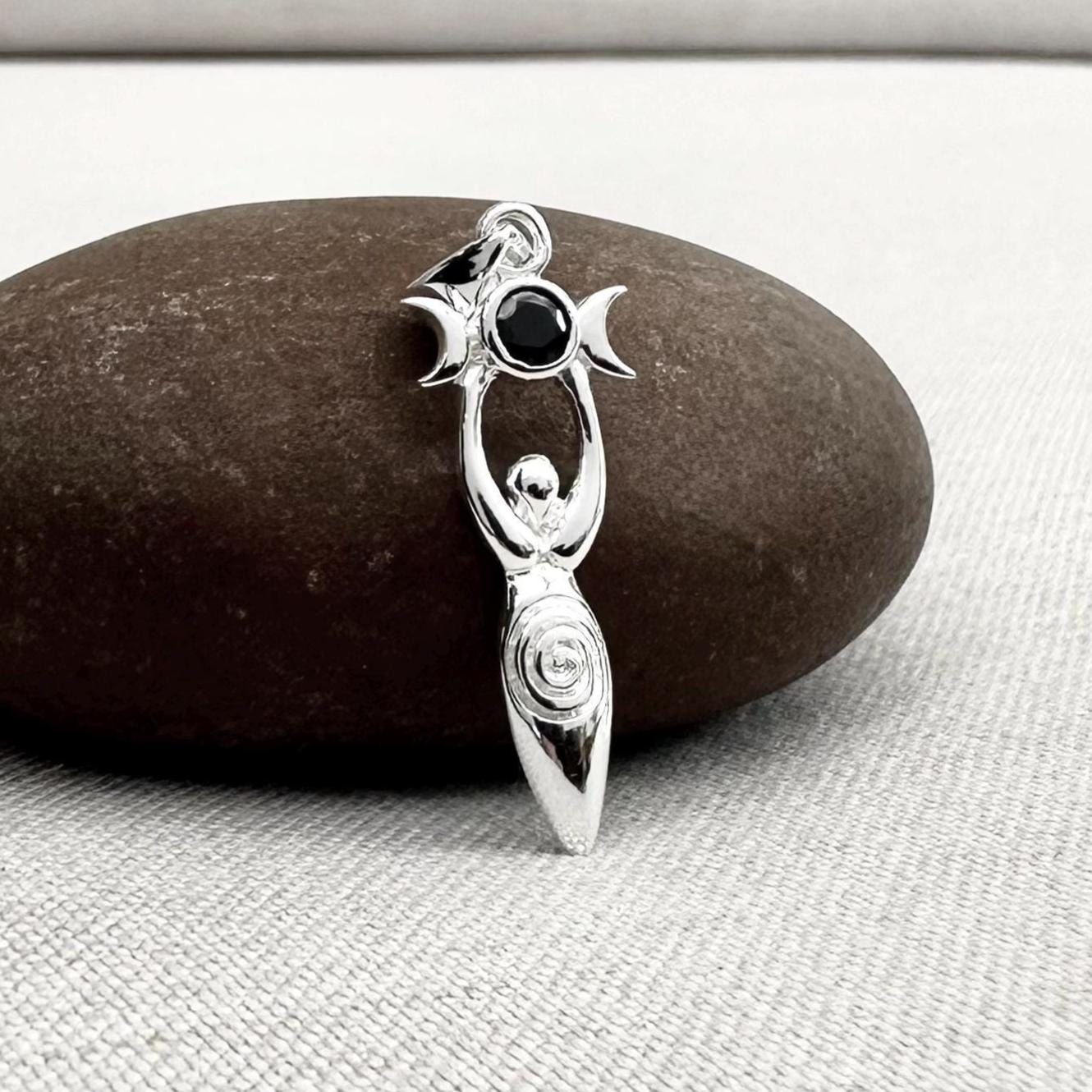 Triple Moon Goddess Deity Black Stone Pendant/Necklace