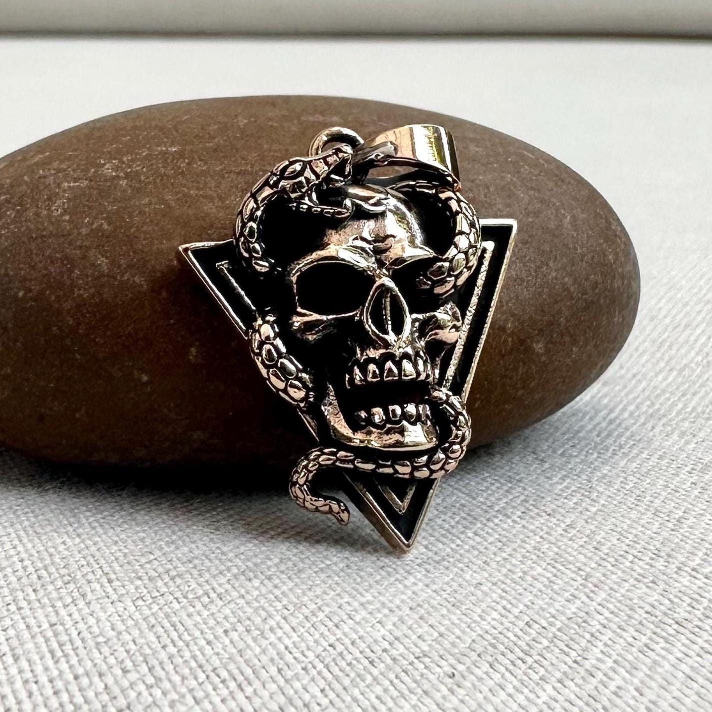 Bronze Skull & Snake Gothic Punk Biker Pendant/Necklace