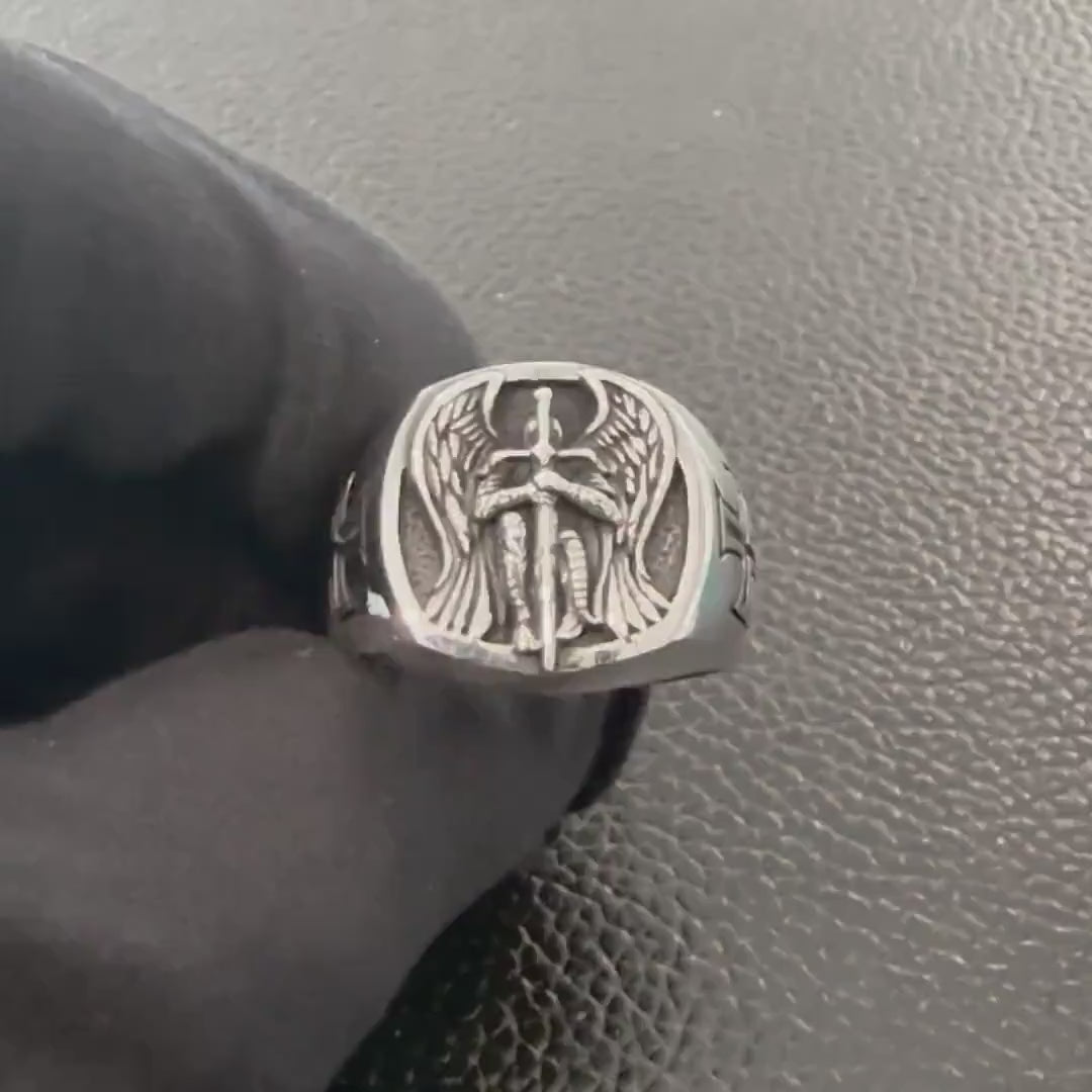 Handcrafted 925 Sterling Silver Archangel Ring Saint Michael Guardian Angel Christian Knight Amulet Ring Silver Jewelry Accessories by VINTZ