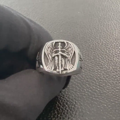 Handcrafted 925 Sterling Silver Archangel Ring Saint Michael Guardian Angel Christian Knight Amulet Ring Silver Jewelry Accessories by VINTZ