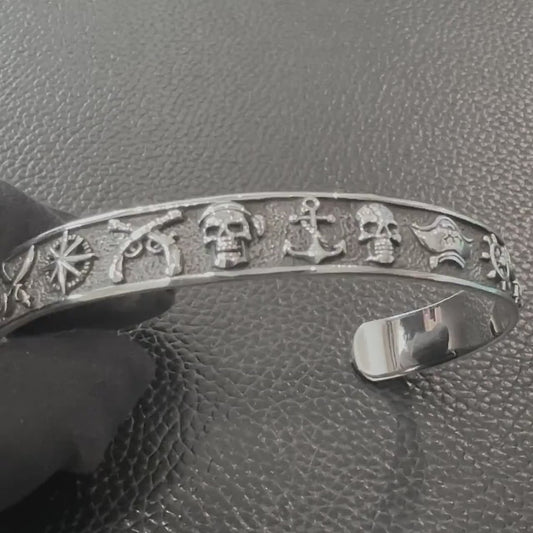 Handcrafted 925 Sterling Silver Pirate Skull Bracelet Punk Skull Gothic Biker Skeleton Bracelet Silver Jewelry Accessories Gift by VINTZ